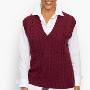 Talbots V-Neck Cable Knit Sweater Vest - Burgundy